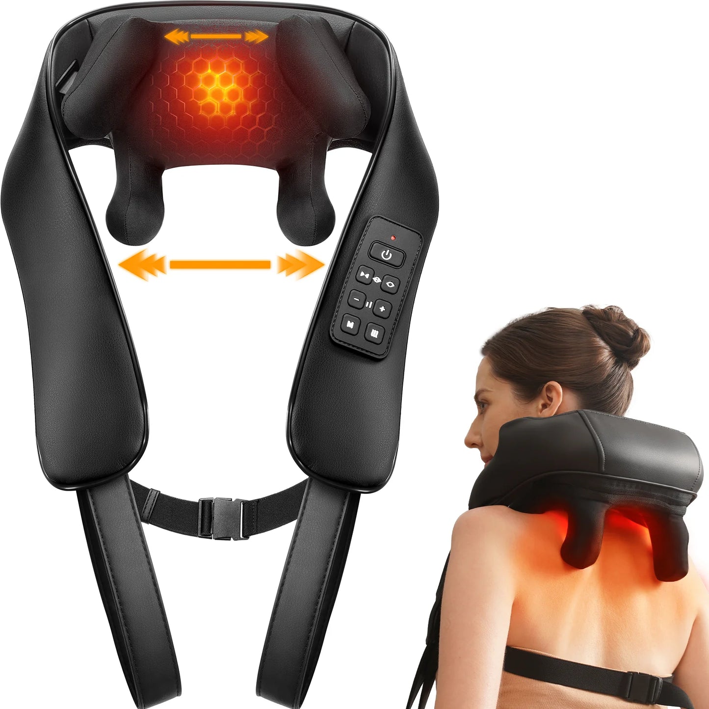 The massager shown from a second angle, showing the extra-wide frame and shoulder arms