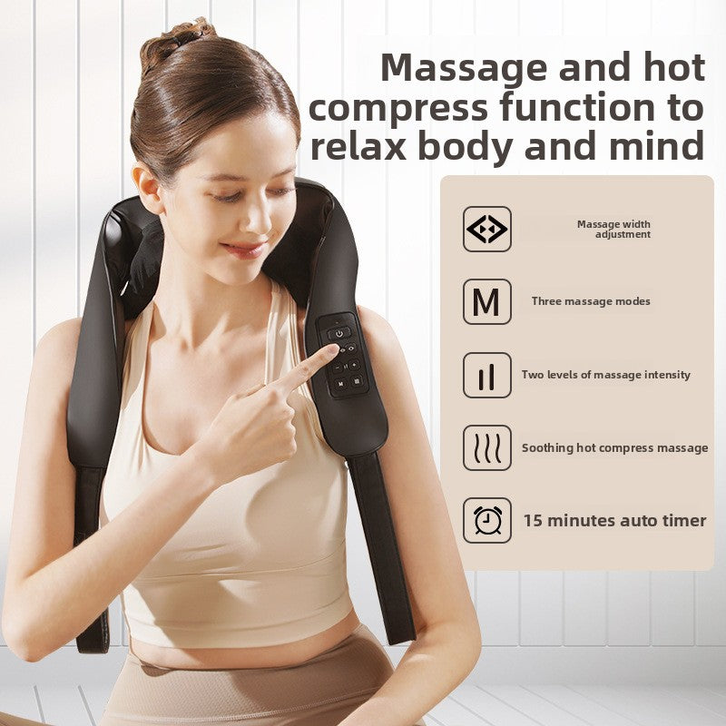 Luran Pro Massager worn over the shoulders, showing the kneading heads and hot-compress function