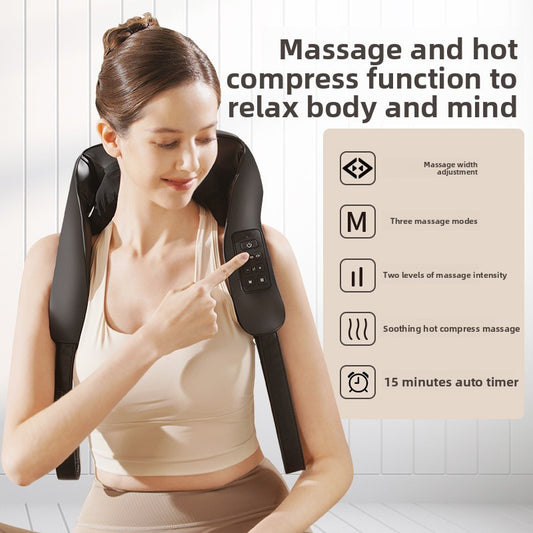 Luran Pro Massager worn over the shoulders, showing the kneading heads and hot-compress function